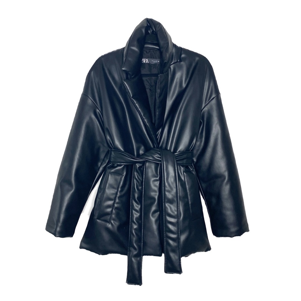 ZARA Black Faux Leather Puffer Coat with Adjustable Belt Size Small 807-302-9800